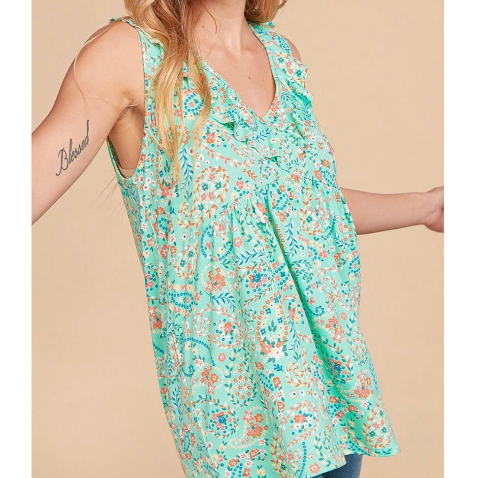 Mint Floral V-Neck Sleeveless Top