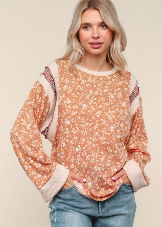 Oversized Rust Floral Knit Top