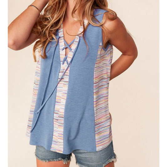 Denim Color Block Sleeveless Knit Top