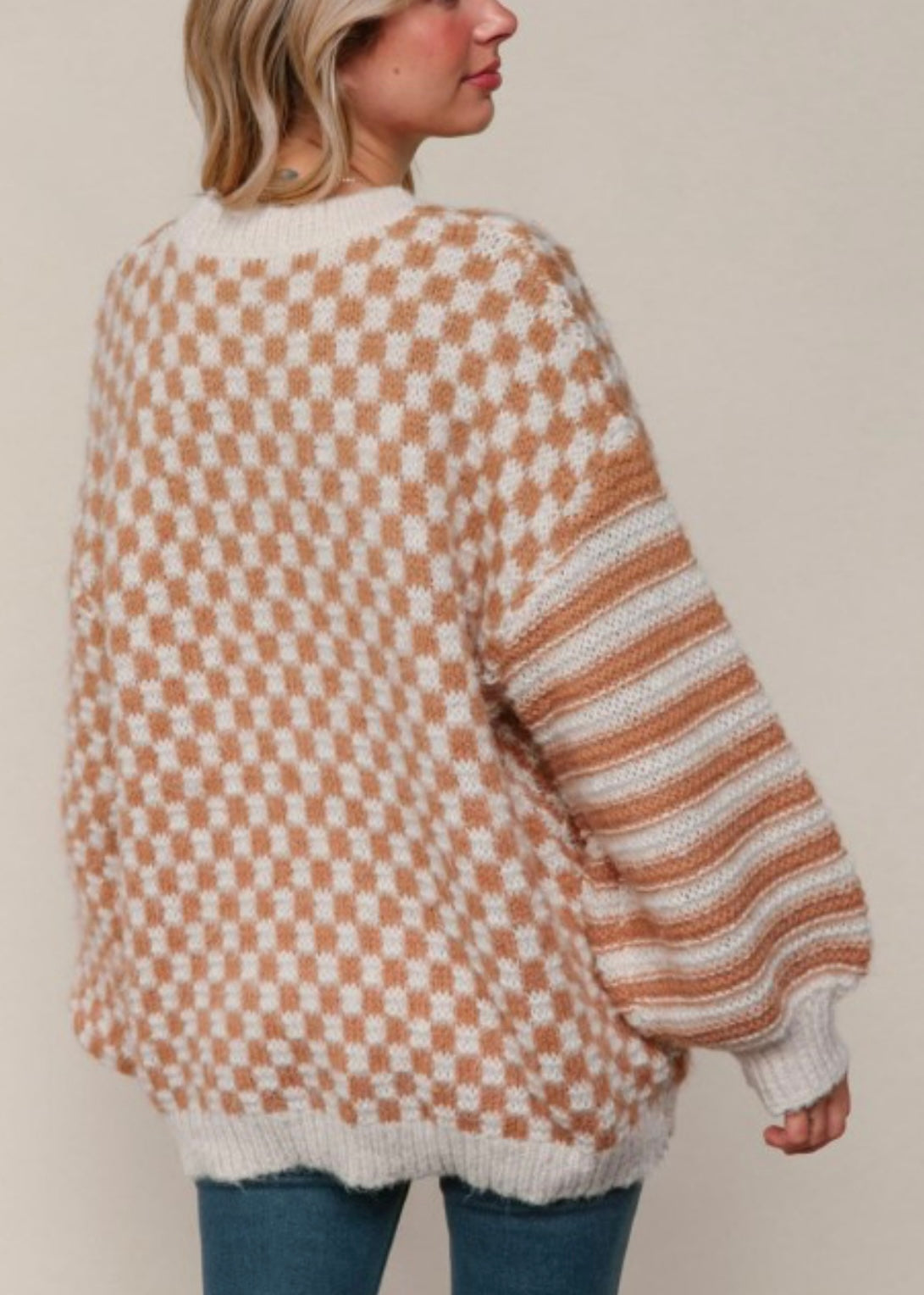 Taupe & Oatmeal Oversized Checker Stripe Colorblock Sweater