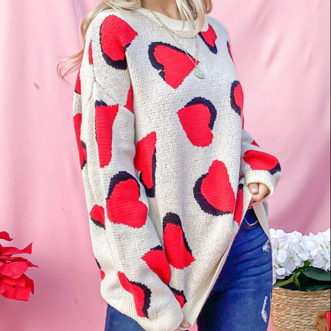 Heart Pattern Knit Sweater Top