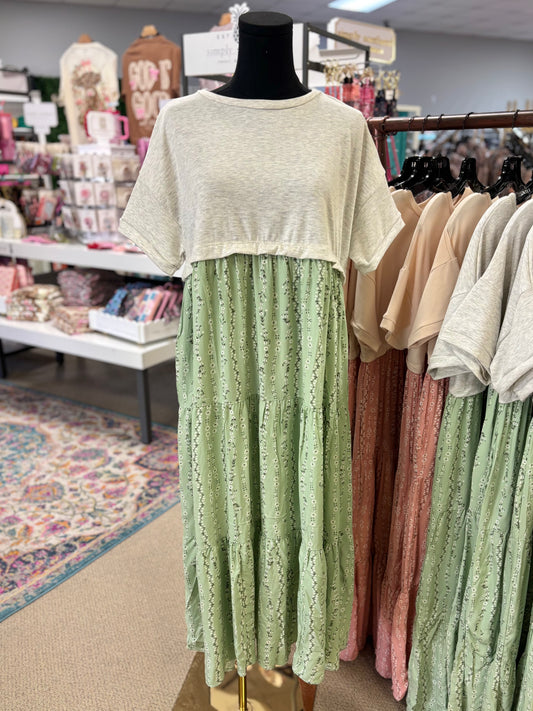 Simply Sweet Heather Grey & Sage French Terry Twofer Dress