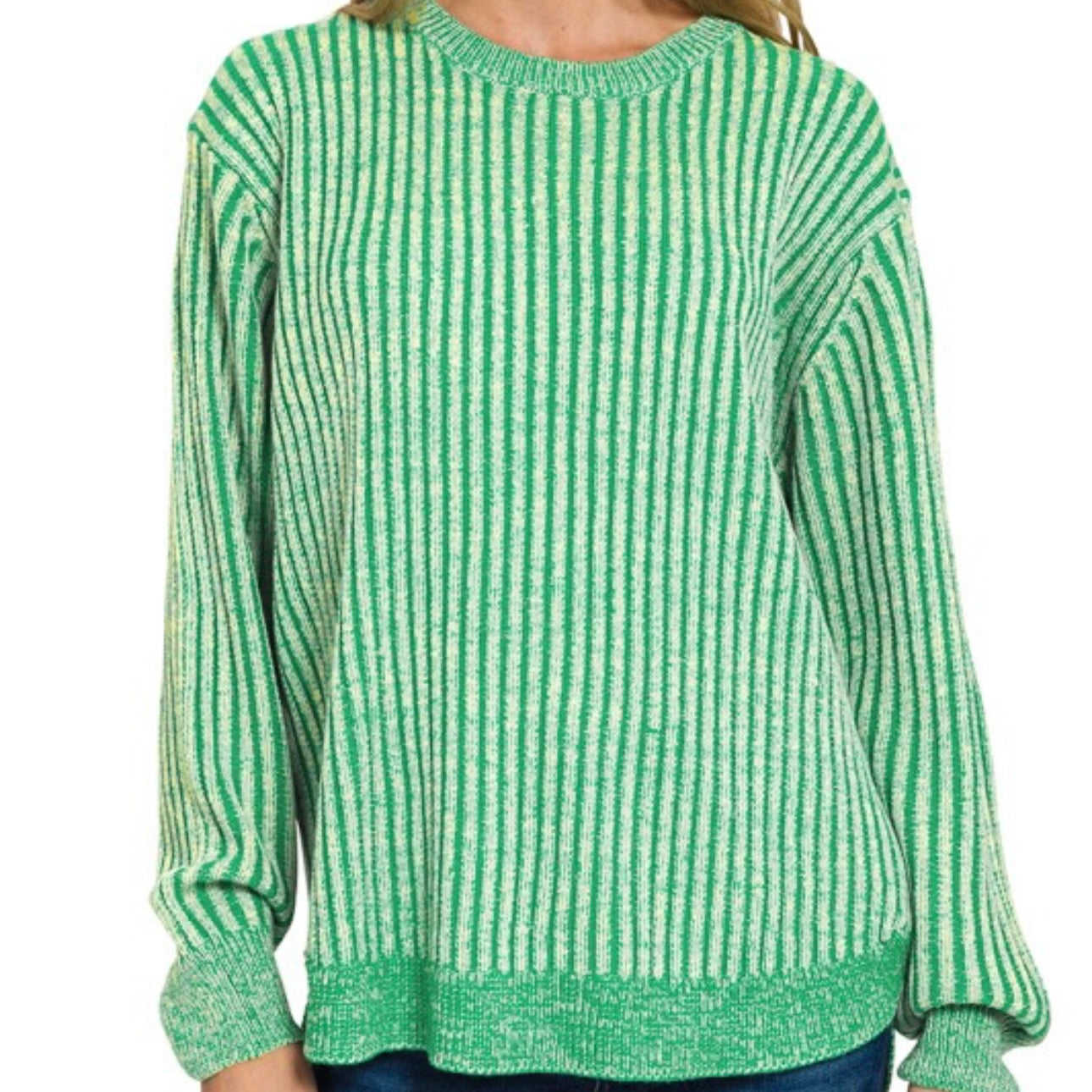 Kelly Green Curved Hem Two-tone Sweater