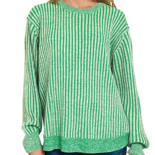 Kelly Green Curved Hem Two-tone Sweater