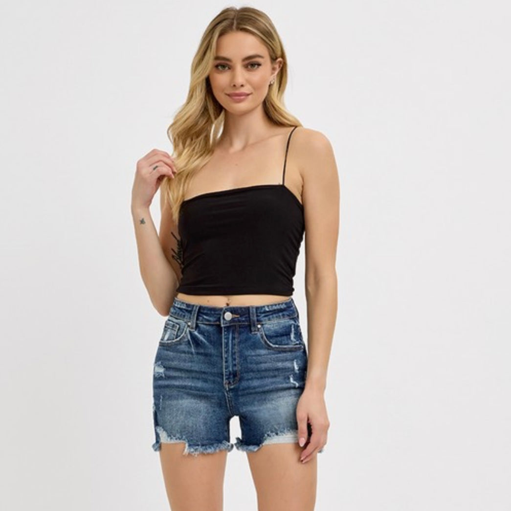 Risen High Rise Denim Shorts