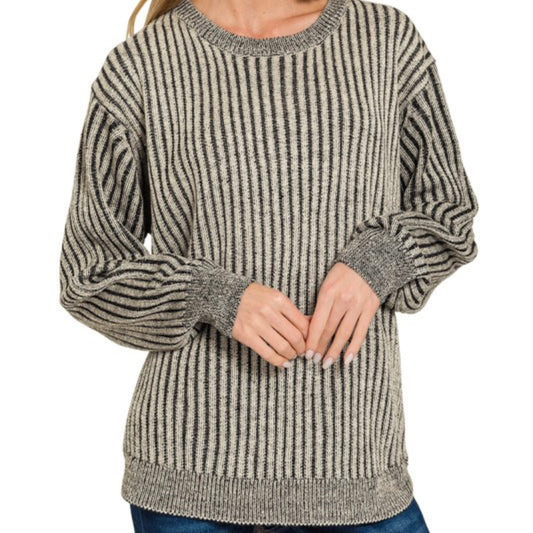 Black Curved Hem Two-tone Sweater