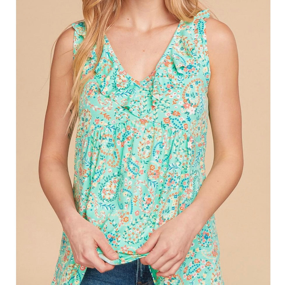 Mint Floral V-Neck Sleeveless Top