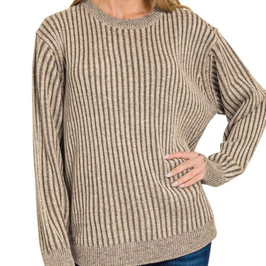 Brown Curved Hem Two-tone Sweater