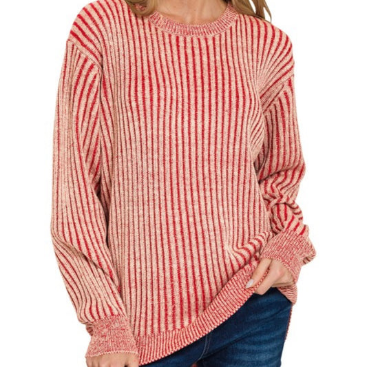 Dark Red Curved Hem Two-tone Sweater