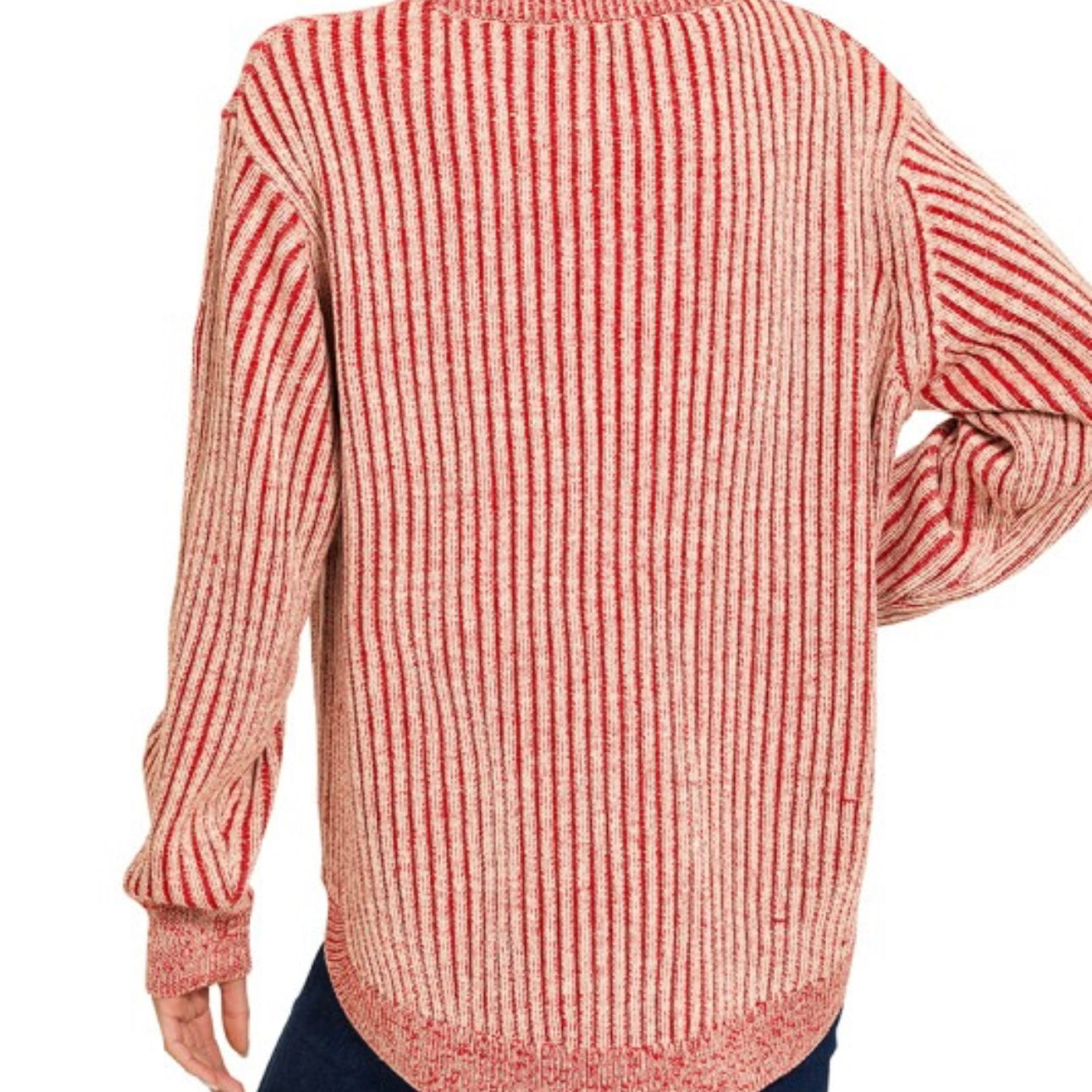 Dark Red Curved Hem Two-tone Sweater