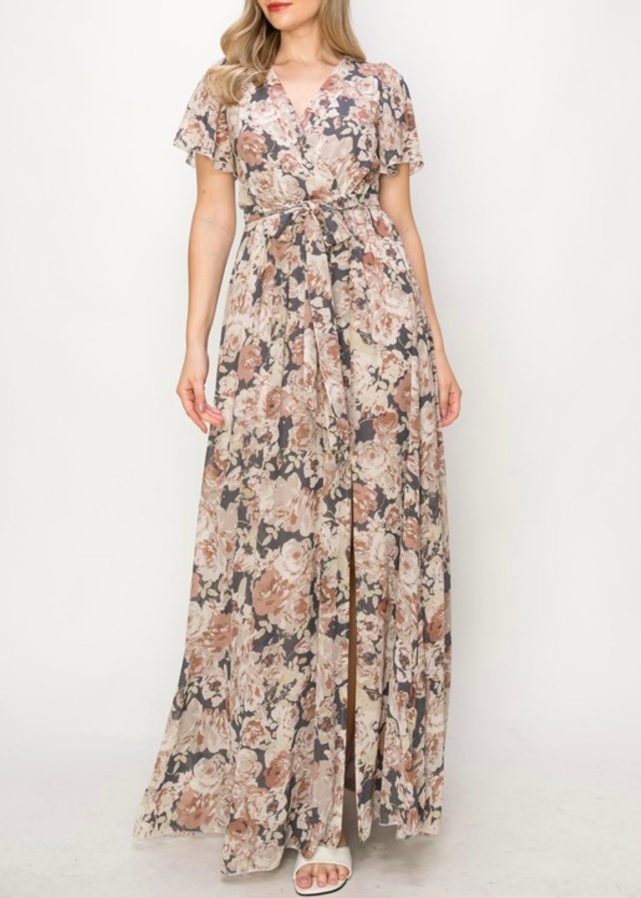 Chiffon Floral Wrap Front Slit Maxi Dress in Mauve