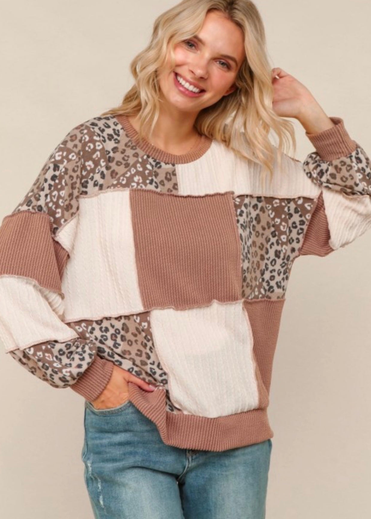 Leopard and Taupe Colorblock Rib Cable Knit Top
