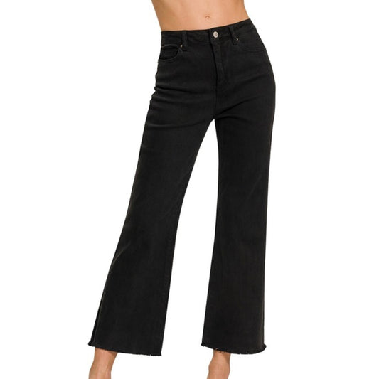 Black Acid Washed High Waist Bootcut Pants With Frayed Hem