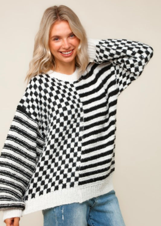 Black & White Oversized Checker Stripe Colorblock Sweater