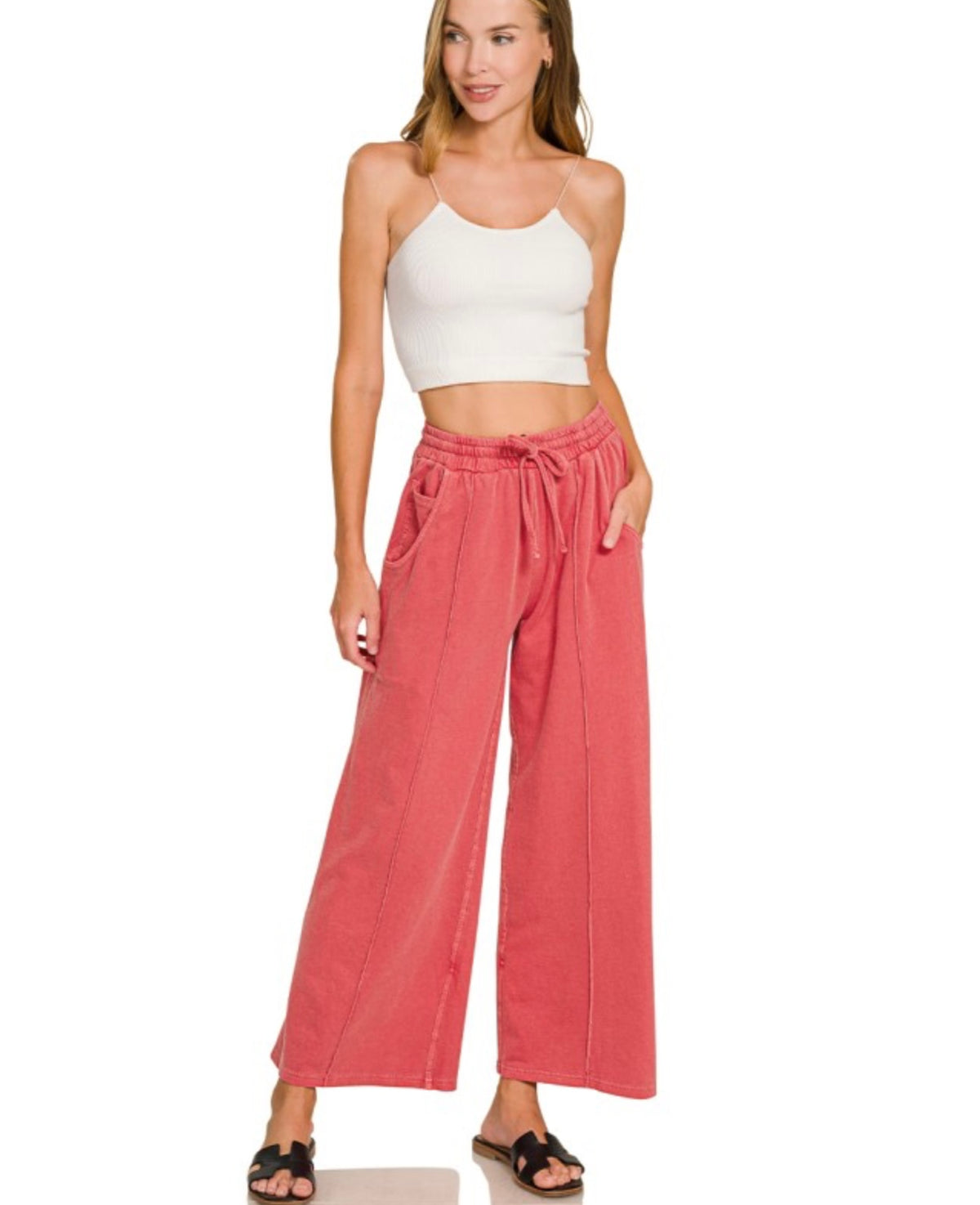 French Terry Wide Leg Pants - Ruby