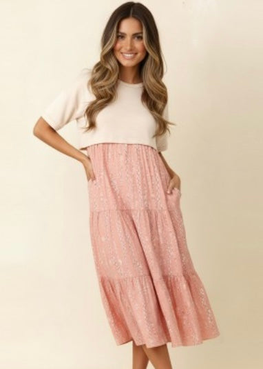 Simply Sweet Oatmeal & Coral French Terry Twofer Dress