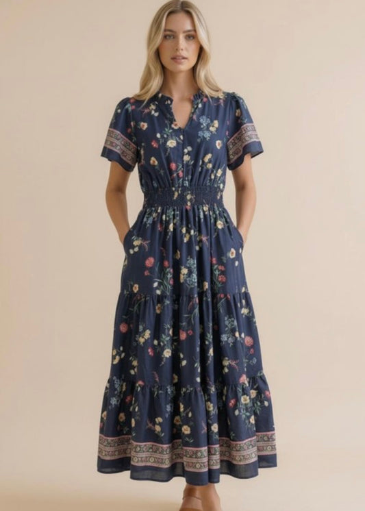 Smocked Waist Maxi Tiered Floral Dress