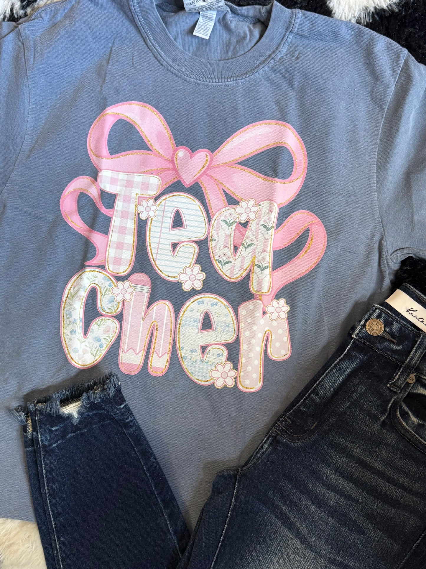 Patchwork Teacher Bow Comfort Colors Tee