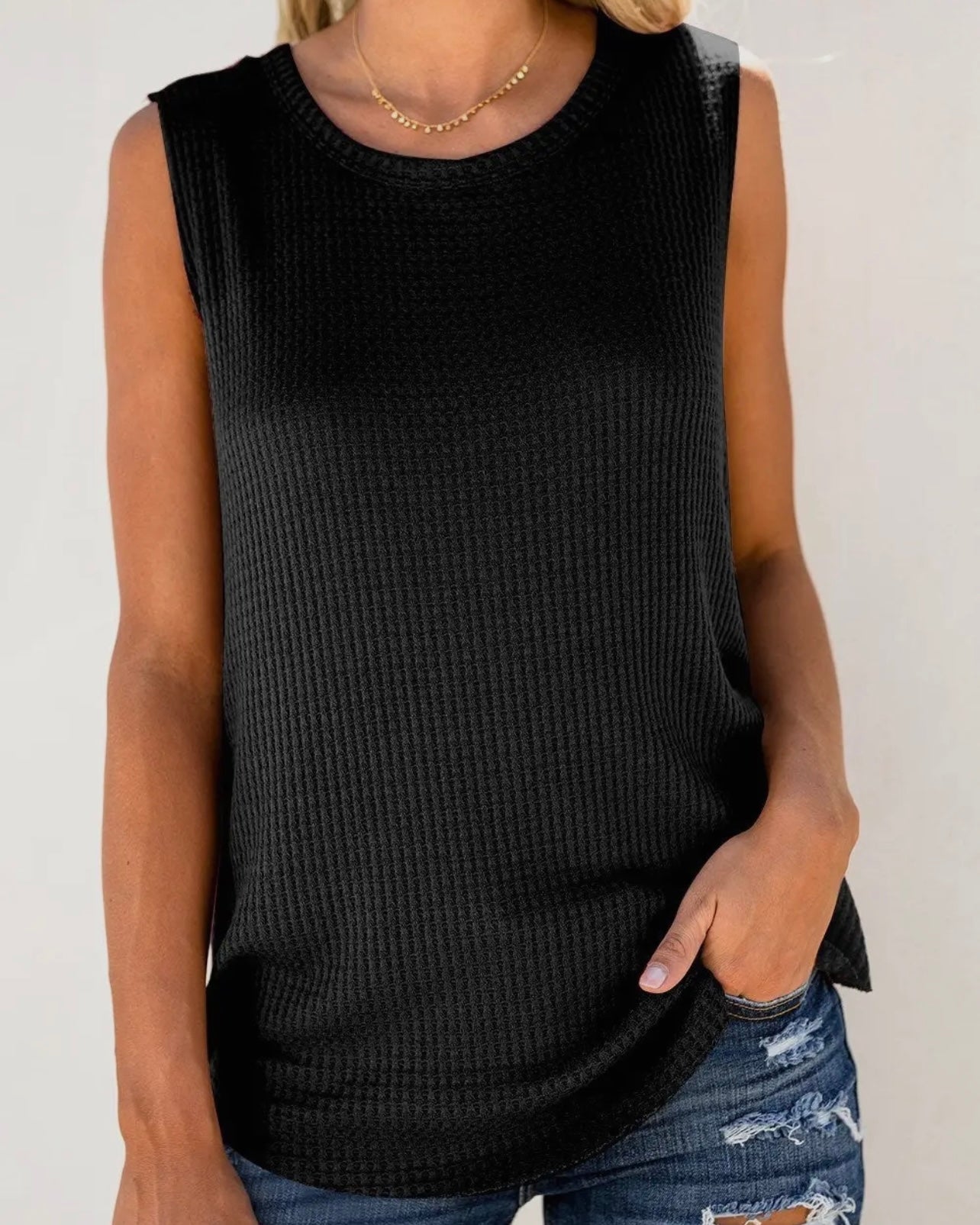 Everyday Sleeveless Waffle Top - Black