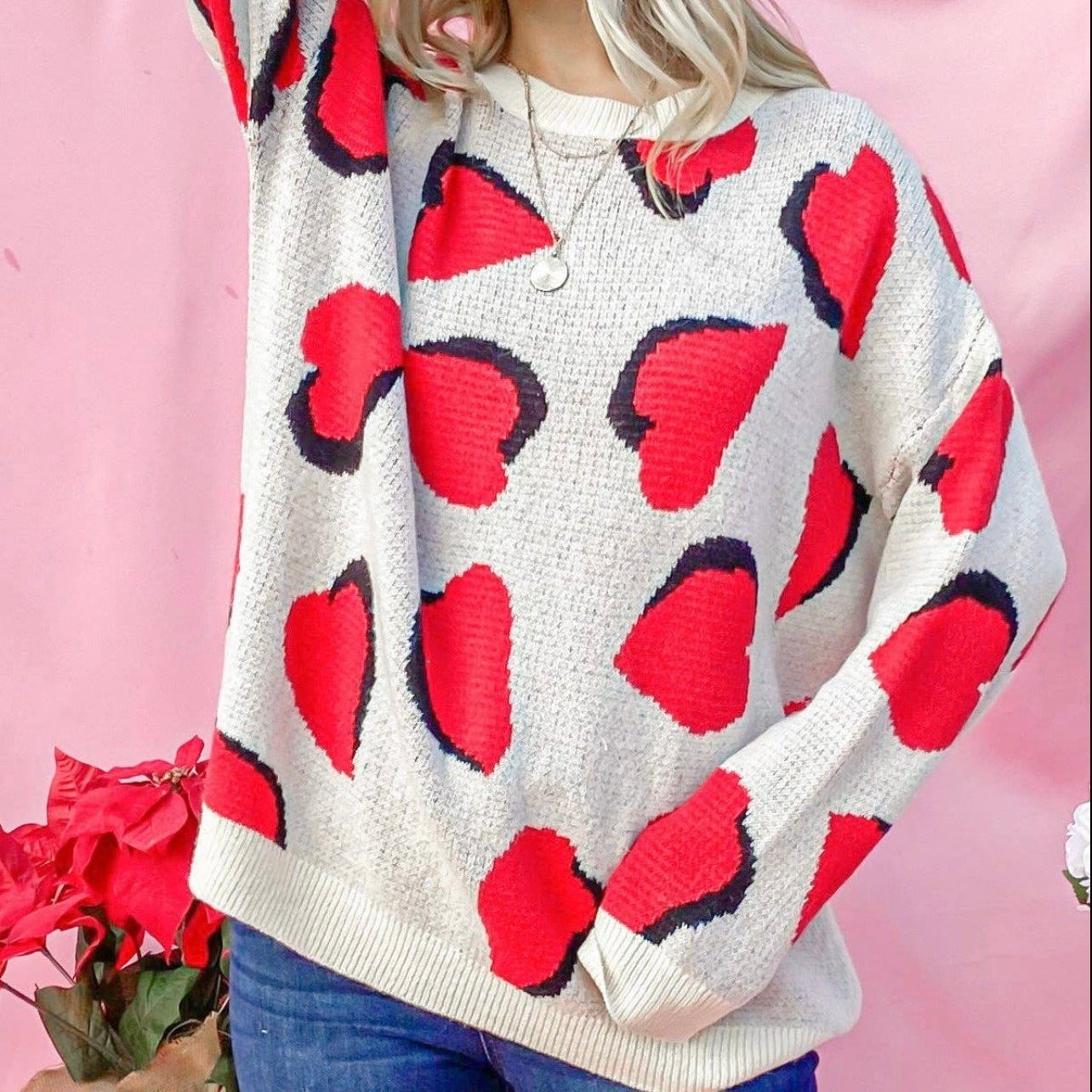 Heart Pattern Knit Sweater Top