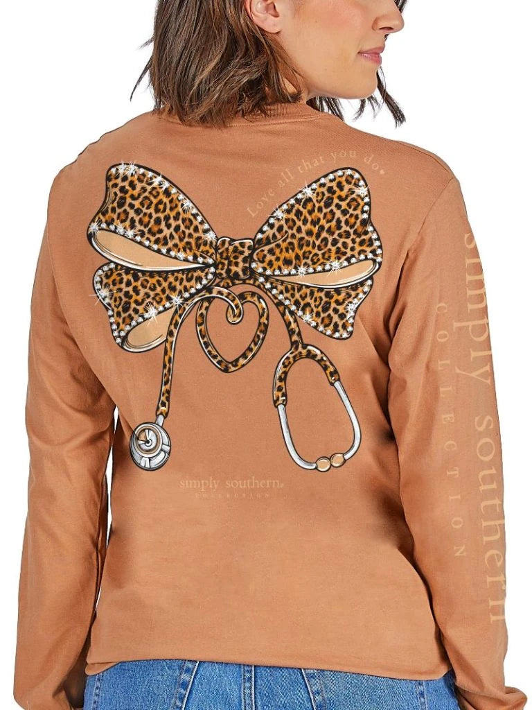 Simply Southern Nurse Leopard Bow Long Sleeve Shirt