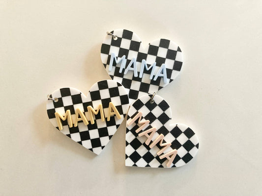 Checkered Heart Mama Keychain