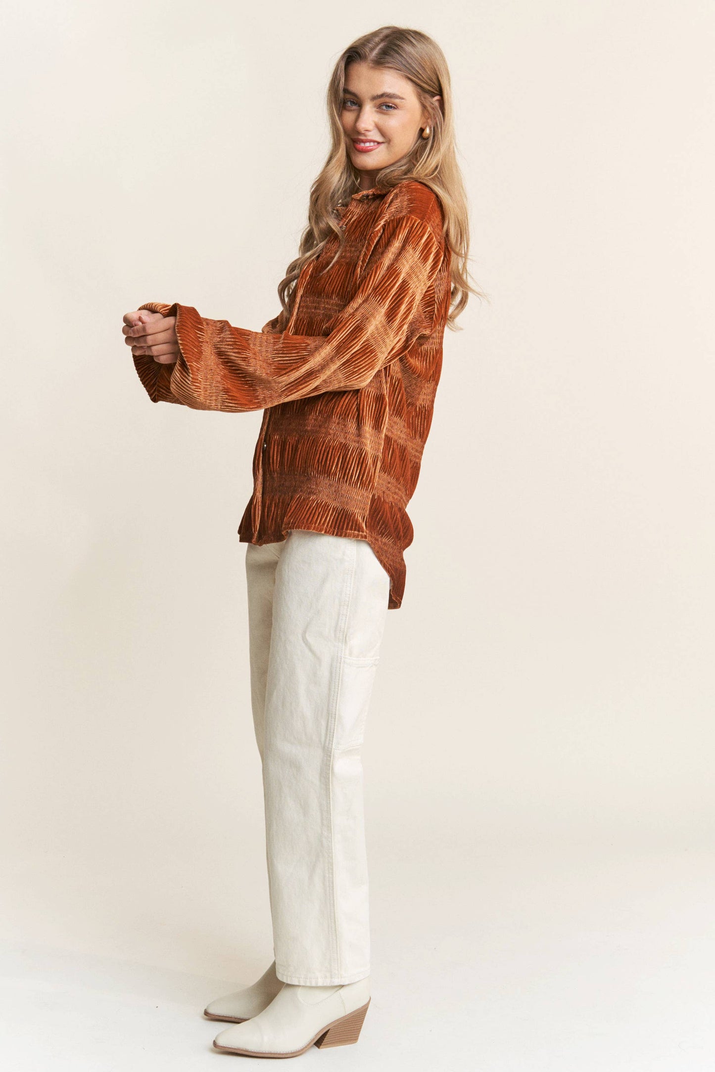 Pumpkin Spice Button Up Velvet Smocked Top