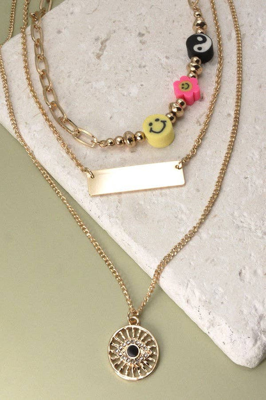 Gold Trio Layer Eye & Charm Necklace