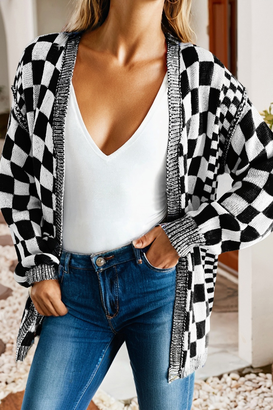Black Checkered Open Front Cardigan