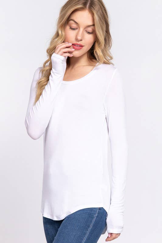 White Long Sleeve Round Neck Rayon Spandex Jersey Top