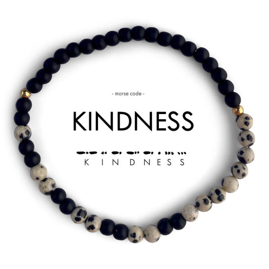 Morse Code Bracelet | KINDNESS: Matte Black Onyx & Dalmatian Jasper