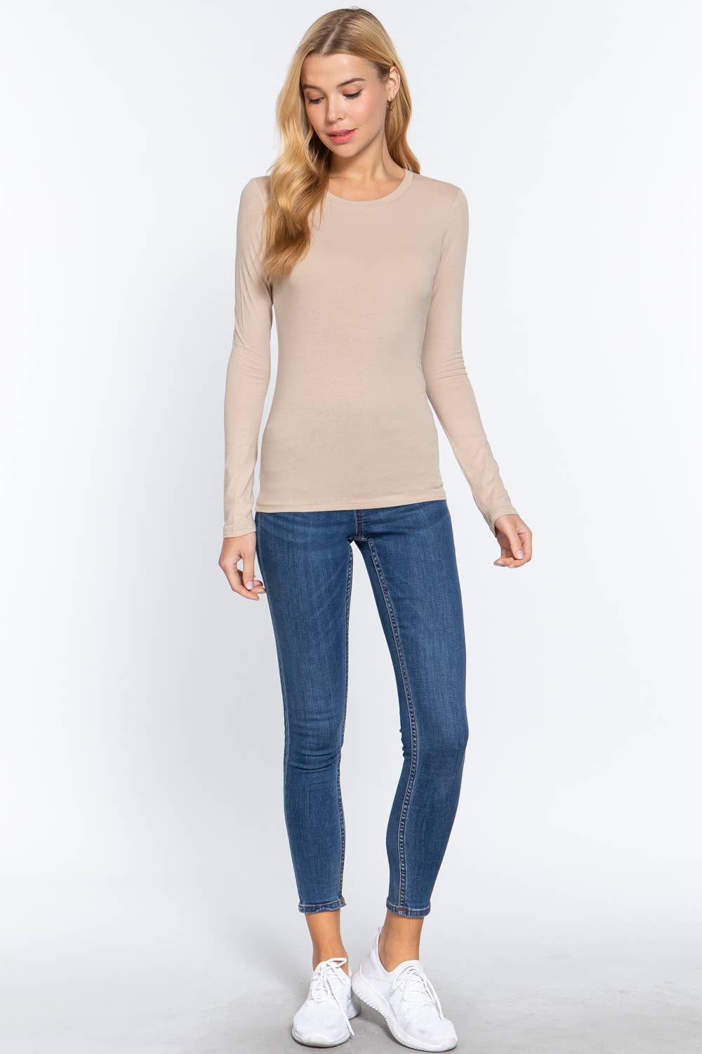 Taupe Long Sleeve Crew Neck Cotton Spandex Jersey Top