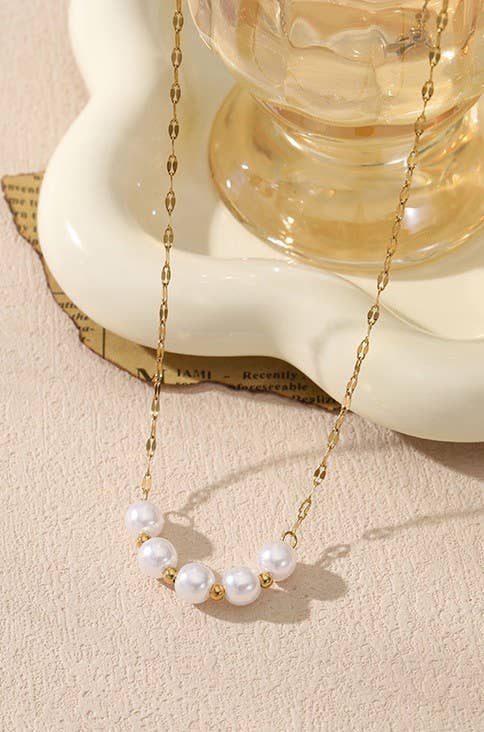 Gold Titanium Steel Non-Tarnish Classic Pearl Necklace