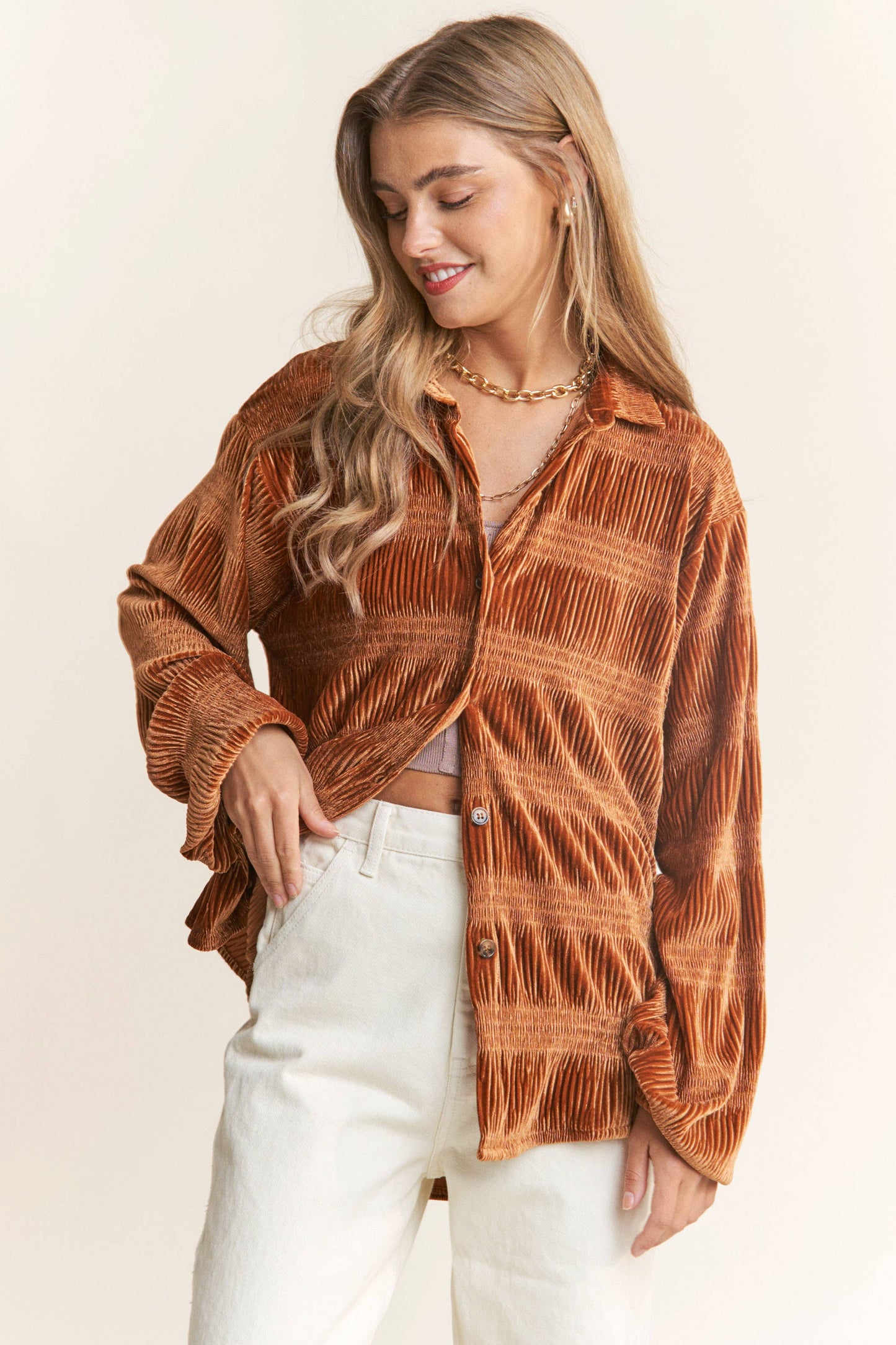 Pumpkin Spice Button Up Velvet Smocked Top