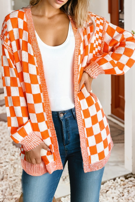 Orange Checkered Open Front Cardigan