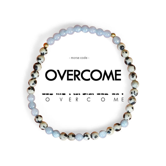 Morse Code Bracelet | OVERCOME: Dalmatian Jasper & Blue Sponge