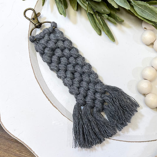 Boho Macrame Keychain - Herringbone Tassel - Grey