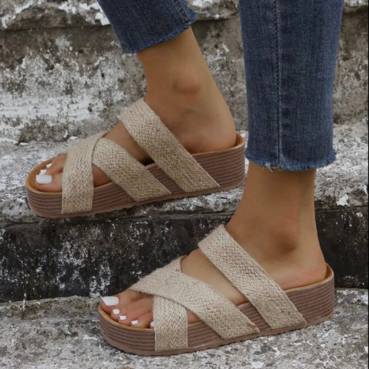 Beige Linen Woven Criss Cross Platform Sandals