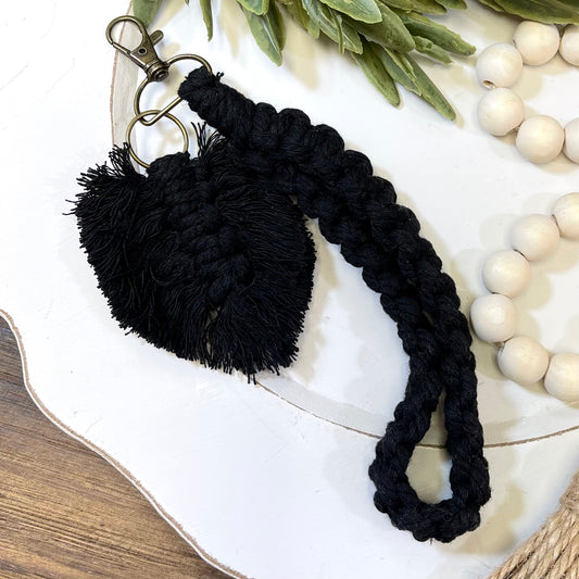 Boho Macrame Keychain - Leaf Tassel - Black