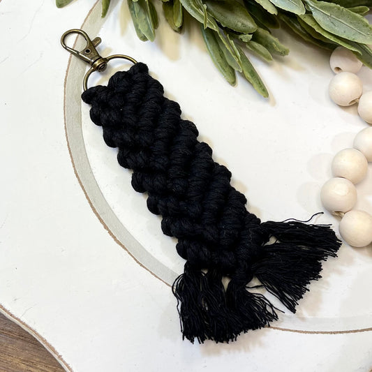 Boho Macrame Keychain - Herringbone Tassel - Black