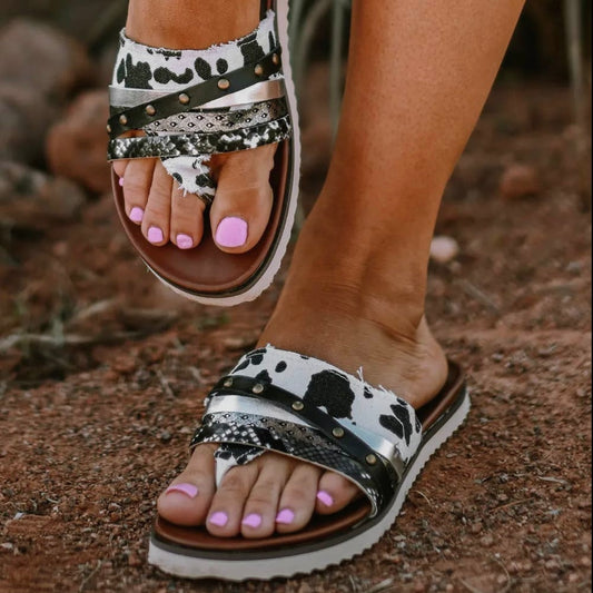 White Studded Animal Print Sandals