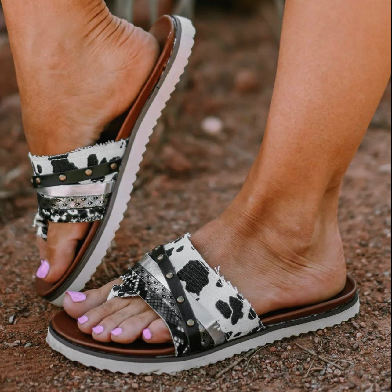 White Studded Animal Print Sandals