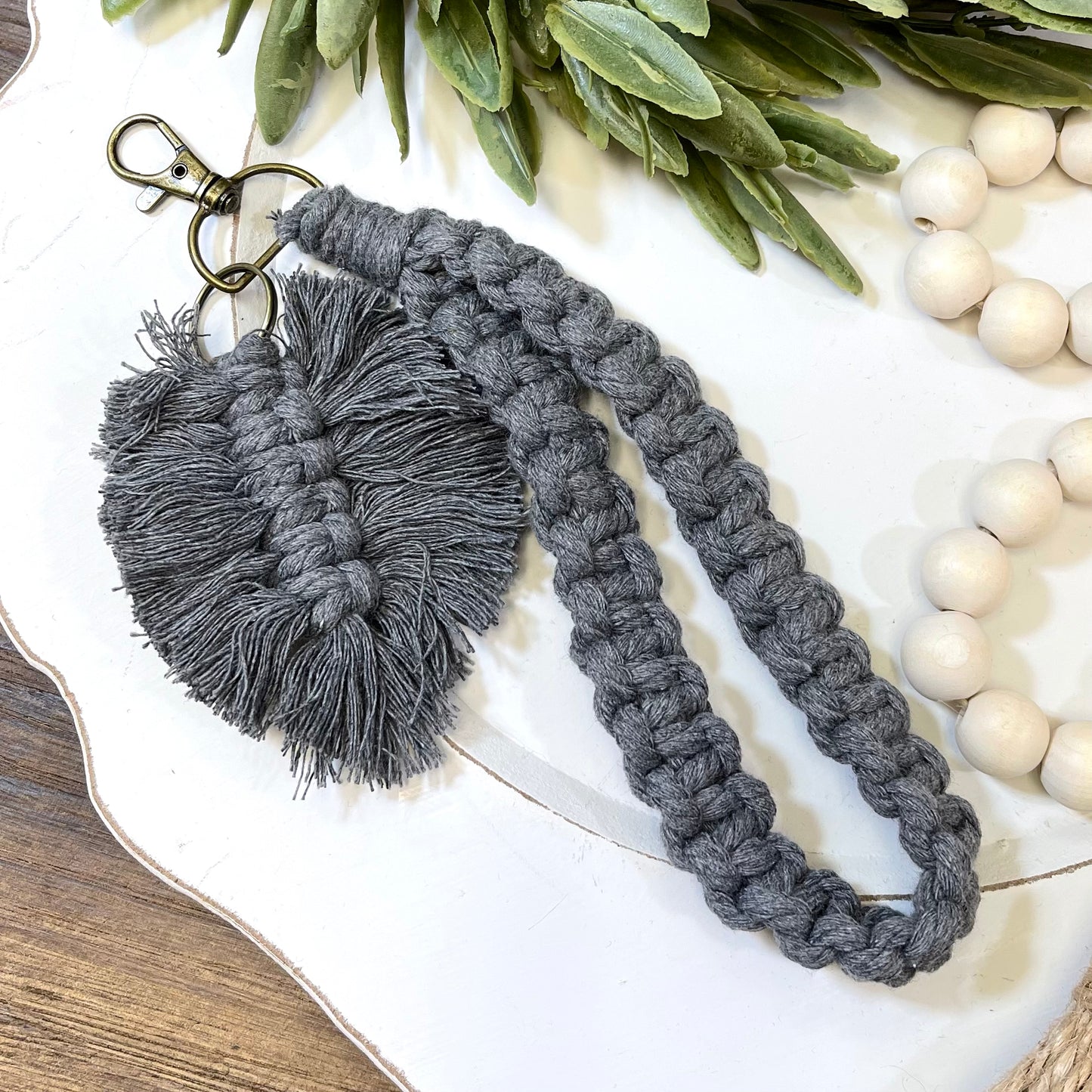 Boho Macrame Keychain - Leaf Tassel - Grey