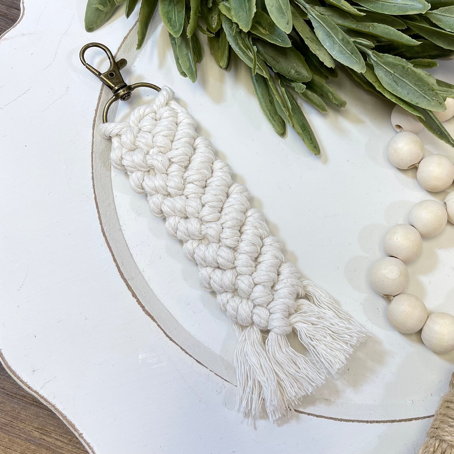 Boho Macrame Keychain - Herringbone Tassel - Natural