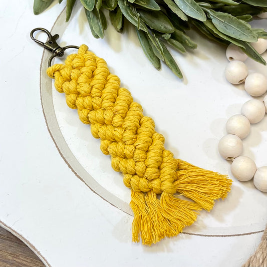 Boho Macrame Keychain - Herringbone Tassel - Mustard