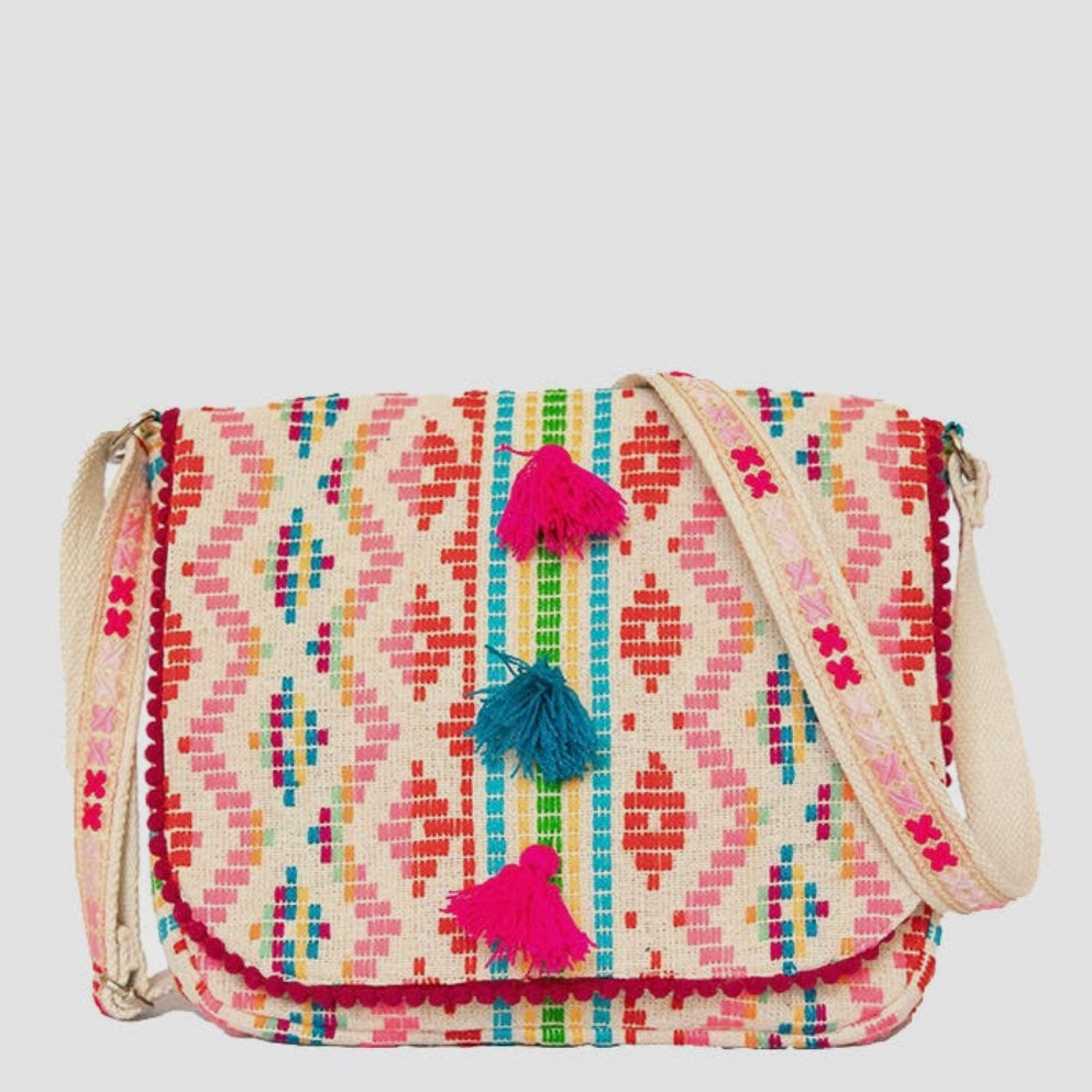 Jen & Co. Pia Aztec Cotton Crossbody W/ Fringe - Red/Pink