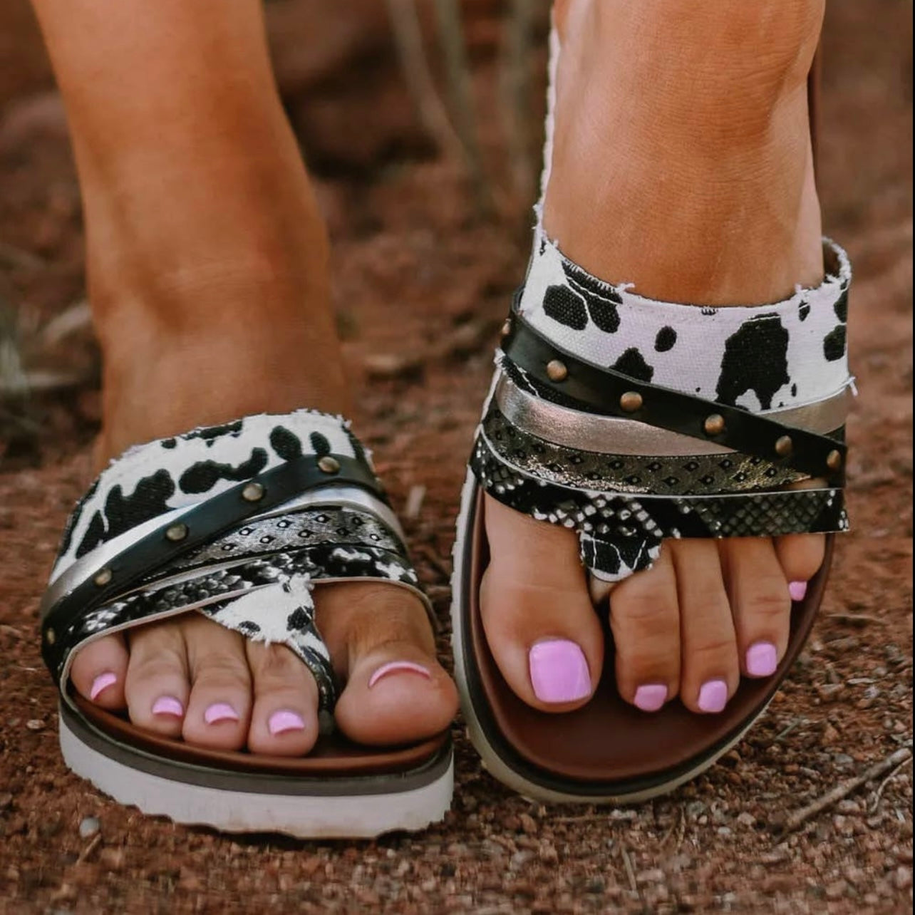 White Studded Animal Print Sandals