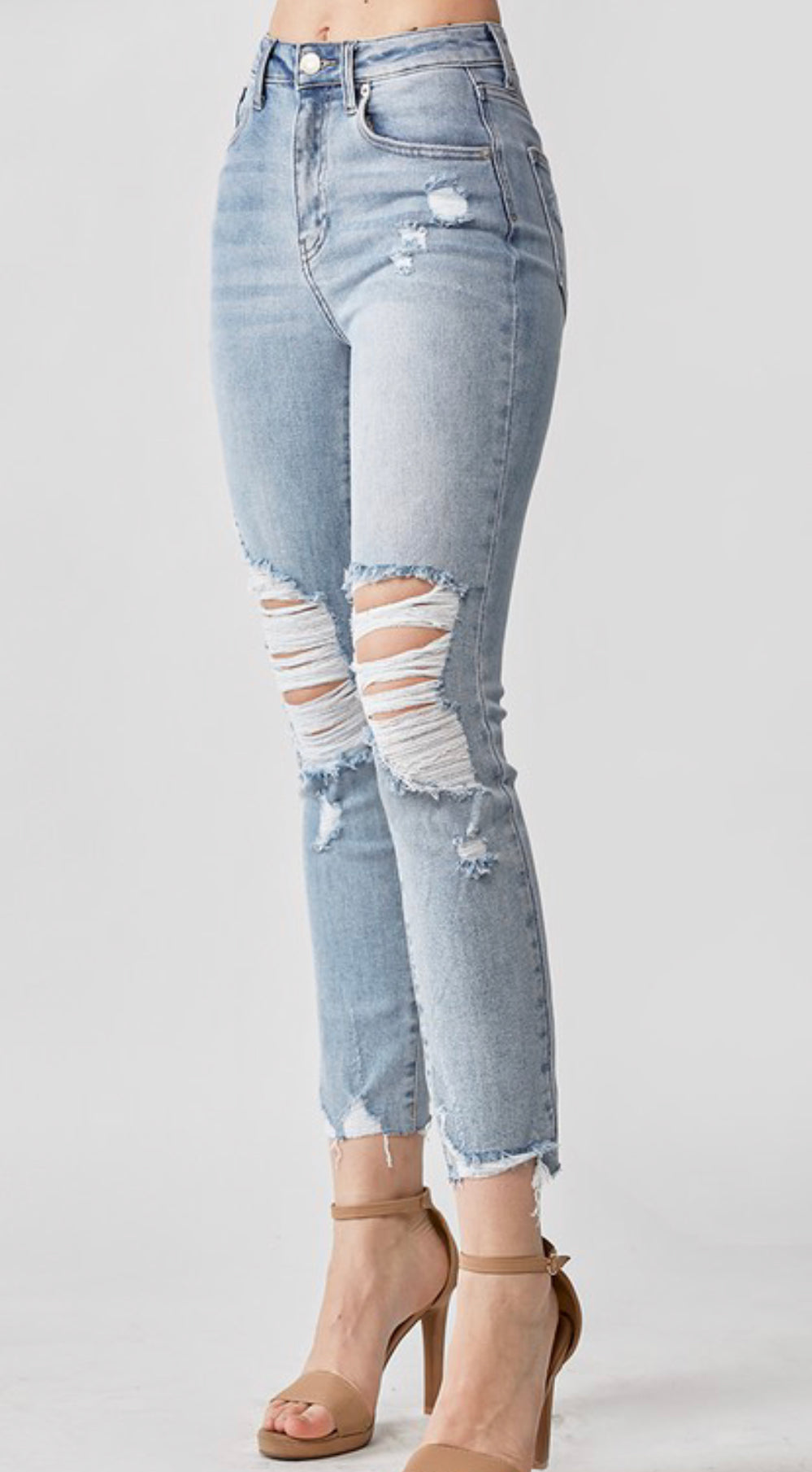 High Rise Distressed Raw Hem Skinny Jean