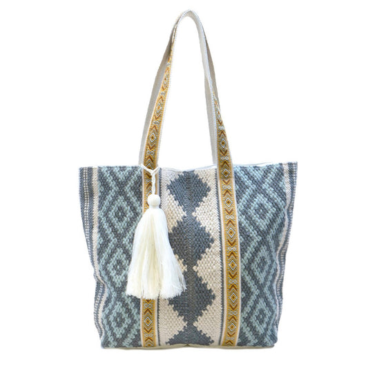 Jen & Co. Tina Diamond Cotton Tote w/ Patterned Handles - Blue/Beige