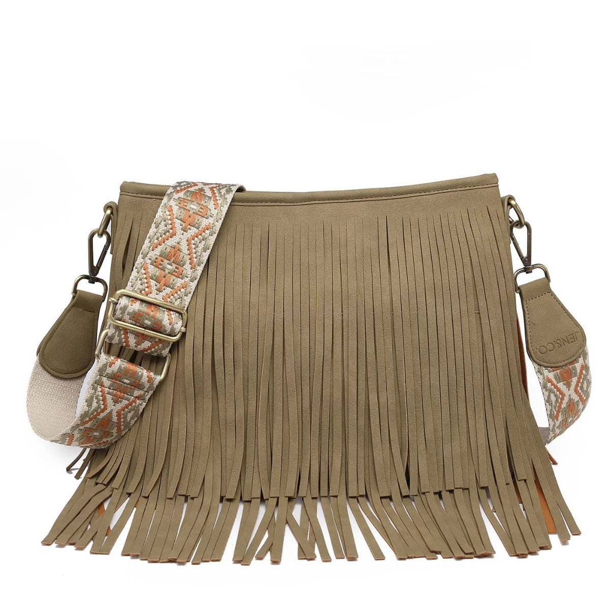 Jen & Co. Sadie Suede Fringe Crossbody w/ Guitar Strap - Olive